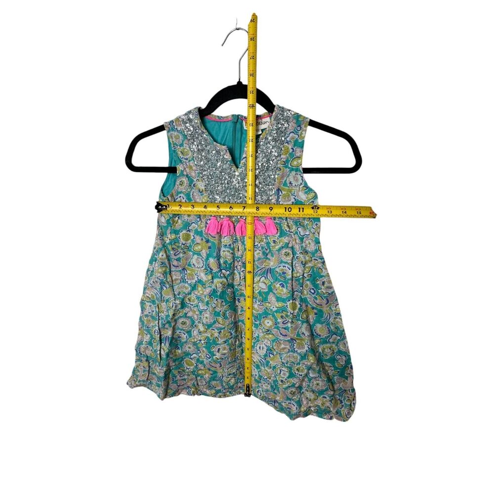 EUC Mini Boden size 6/7 Teal Floral Dress with Silver Sequin and Pink Tassels - Picture 7 of 8